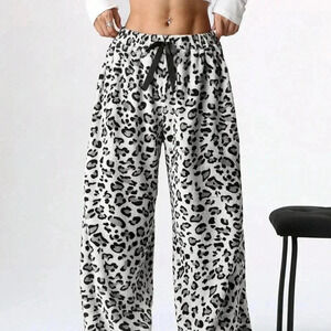 Grey Casual Women's Fleece Leopard Print Lace-Up Loose Pants